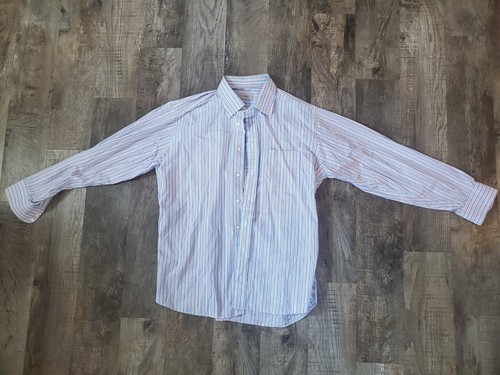 Camicia abito abbottonato Burberry London da uomo 16 1 2R blu rosa bianco a righe USA