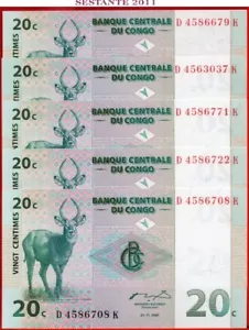 CONGO 20 CÉNTIMOS 1997 Lote de 5 billetes P 83 UNC envío gratis desde 100$ - Imagen 1 de 3