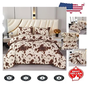 Charming Cow Print Full Size Comforter Set – 3 Piece Beige & Brown Bedding - Picture 1 of 11