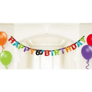 HAPPY 60TH BIRTHDAY FOIL HANGING LETTER BANNER 7 FT LONG PARTY DECORATION BLACK - Picture 1 of 2
