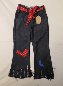 70s Vtg Girls Jeans Hippie Patches Sash Scarecrow Costume Shredded Wide-Leg Sz 6 - Picture 1 of 12