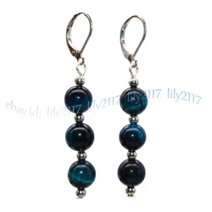 Natural 6/8/10/12mm Tigers Eye Gems Round Beads Dangle Silver Leverback Earrings - Picture 1 of 37