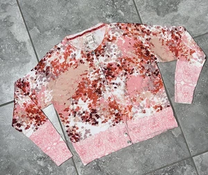 Sundance Cotton Floral Pink Crew Neck Long Sleeve Button Cardigan Sweater S - Picture 1 of 15