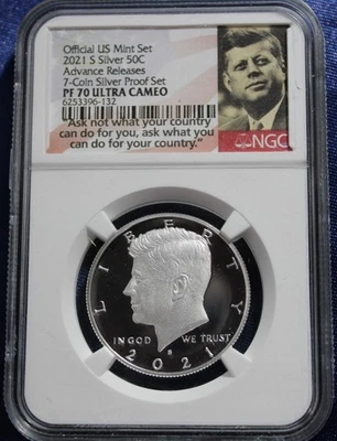 2021 S Proof SILVER Kennedy Half Dollar 50c NGC PF70 UC FR 7-Coin SET Version - Image 1 of 3