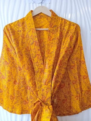 Pure Silk Yellow and Red Midi Kimono Handmade Kimono Vintage Clothing MKMO1967 - Image 1 of 4