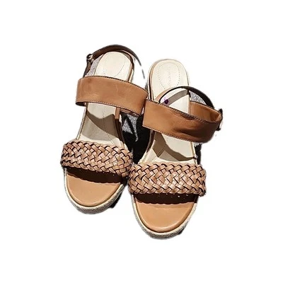 Lands End Womens Wooden Wedge Heels Straps Open Toe Woven Light Brown Leather - Image 1 of 4