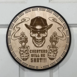 12in round Cheaters Will Be Shot Cribbage Board - 2 Tracks with Pins - Picture 1 of 3