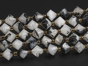 8MM Natural Black White Rutilated Quartz Beads AA Bicone Faceted Loose Beads - Picture 1 of 3