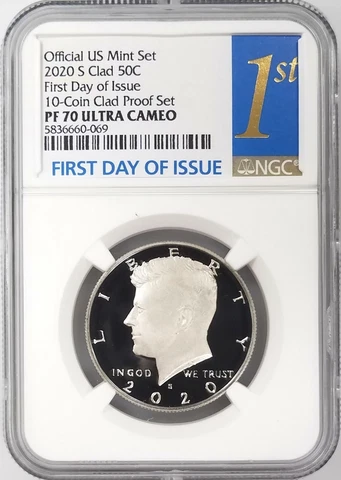 2020 S Proof Clad Kennedy Half Dollar, NGC PF 70 Ultra Cameo, 1st Day of Issue! Cover