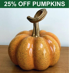 Ornamento Zucca di Halloween Grande 20cm Arancione Macchiato Smalto Finitura Oro Resina - Foto 1 di 10