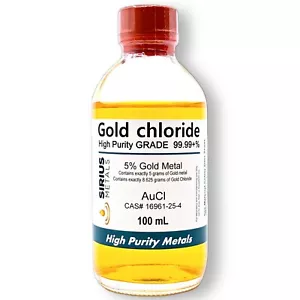 Cloruro de oro - 8,625% (5,0% como 99,997% oro puro) - 100 ml en botella de vidrio transparente - Imagen 1 de 2