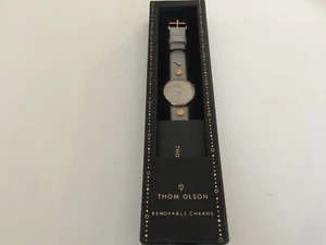 Thom Olson Charms Quartz Watch White On Gray Genuine Leather Band NEW - Picture 1 of 2