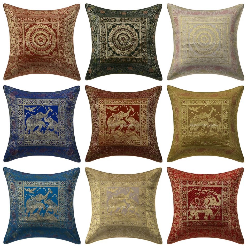 Indian Brocade Silk Cushion Cover Hippie Bohemian Bedding Sofa Pillow Case Cover - Image 1 of 3