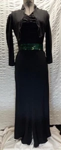 Vintage 1930s Black Crepe Rayon Maxi Dress Bolero Jacket Emerald Sequin Trim Sm - Picture 1 of 12