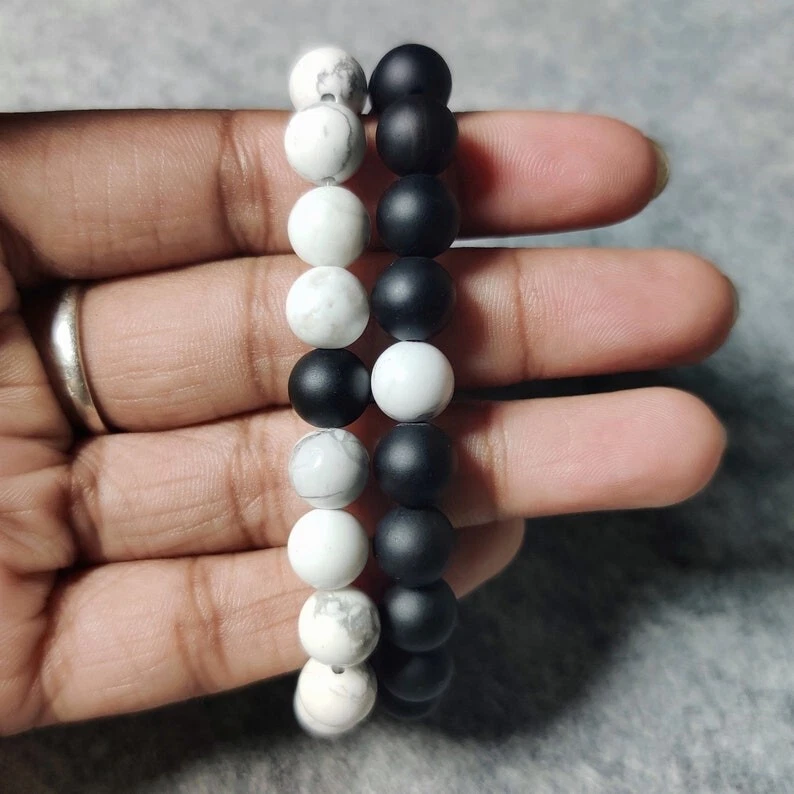 Howlite & Black Onyx Smooth Round Gemstone Beaded Couples Combo Bracelets 6-8'' Foto 1 de 1