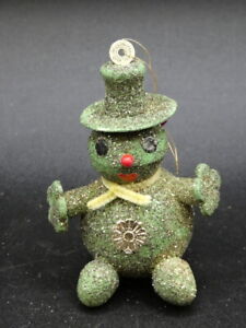 Vintage Christmas Putz Mica Green Spun Cotton Snowman w/ Snowflake Hands Japan