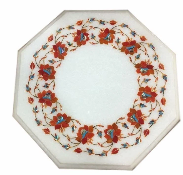 12" Marble corner / side end handcrafted pietra dura carnelian inlay Table Top - Image 1 of 1