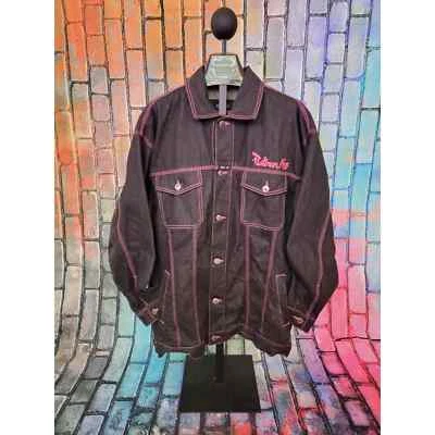 *VTG* Men's 90s Platinum Nova Jeans Black Denim Jacket with Pink Embroidery 3XL - Image 1 of 4