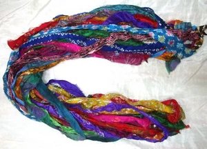 12 yards Unstitched Recycled PURE Silk Sari Ribbon Yarn tassels MIXED SKEINS NR - Bild 1 von 3