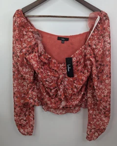 NWT Lulus Red Floral Blooming Admiration Ruched Long Sleeve Ruffle Blouse Size M - Picture 1 of 10