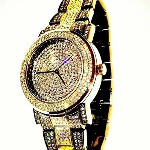 NY London Two-tone Iced Watch CZ Crystal Chocolate Gold Metal Bling Quartz Watch - Picture 1 of 2