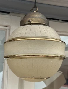 Vintage Mid Century Frosted Mustard Glass & Gold Rim Ceiling Light - Picture 1 of 17