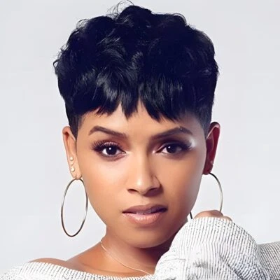 Synthetic Short Pixie Cut Wigs for Black/White Women Wavy Hair Wig with Bangs - Image 1 of 4
