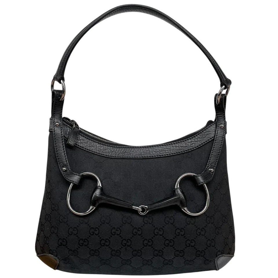 Gucci Black GG Monogram Canvas/Leather Horsebit Shoulder Bag - Image 1 of 4