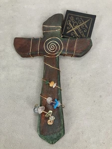 Raku Art Pottery Cross Jeremy Diller Signed Wall Hanging 10" Green Copper Heart - Picture 1 of 10