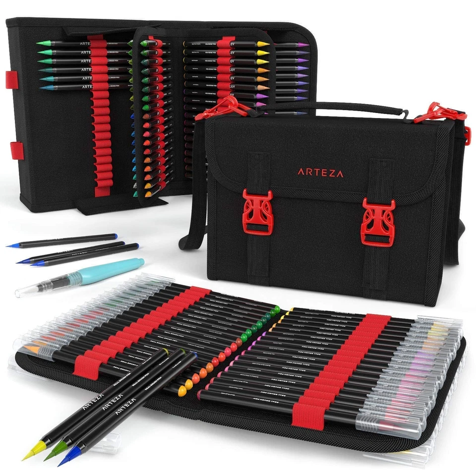 ARTEZA 96 Real Brush Pens Set with 108-Slot Case for Watercolor & - Image 1 of 4