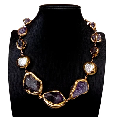 Collar Hecho a Mano Piedra Púrpura Natural Amatista Perla Blanca Cruda Foto 1 de 4