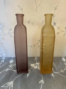 Vintage Set Of 2 Frosted Glass 7” Tall Bud Vases Purple and Golden Yellow - Picture 1 of 13