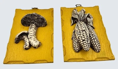 Vtg Kitchen Wall Plaques Mushroom & Corn Relief Pair Yellow Composition1950s - Image 1 of 4
