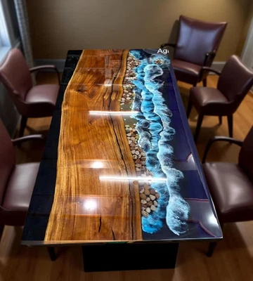 Handmade Ocean Epoxy Resin River Table | Live Edge Wood Dining Coffee Table - Image 1 of 4