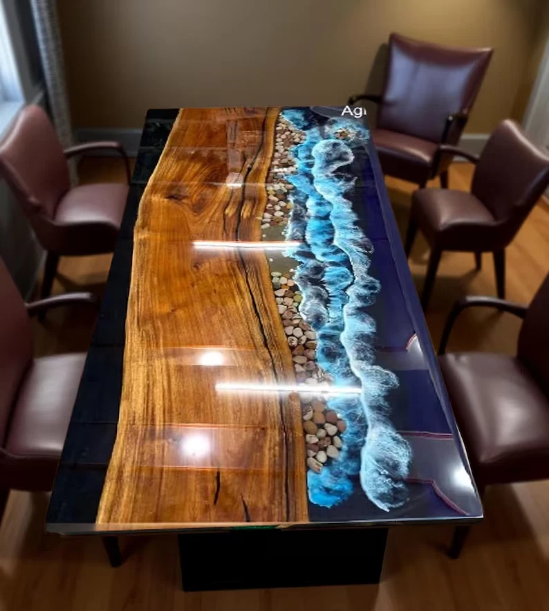 Handmade Ocean Epoxy Resin River Table | Live Edge Wood Dining Coffee Table - Image 1 of 4