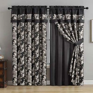 Chezmoi Collection Kelsey 4-Piece Black Gold Jacquard Woven Hibiscus Curtain Set - Bild 1 von 6