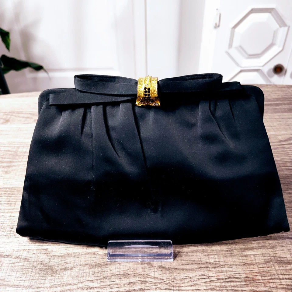 Bolso de noche vintage After Five L&M negro satinado años 50 10"x6" y monedero Foto 1 de 4