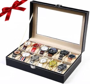 12 Slots Watch Box PU Leather Watch Case Organizer Watch Display Case Lockable - Picture 1 of 24
