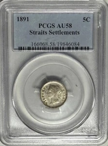 STRAITS SETTLEMENTS - Queen Victoria - 5 Cents - 1891 - Km-10 - PCGS AU-58! - Picture 1 of 2
