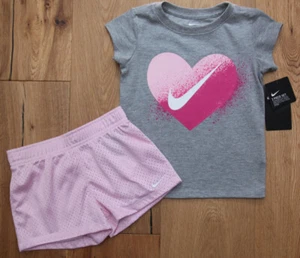 Nike Girl 2 Piece Top & Shorts Set ~ Gray, Pink & White ~ Heart - Picture 1 of 3