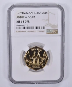 1976 FM Netherlands Antilles 200 Gulden Gold Andrew Doria MS68 DPL NGC *9116 - Picture 1 of 3