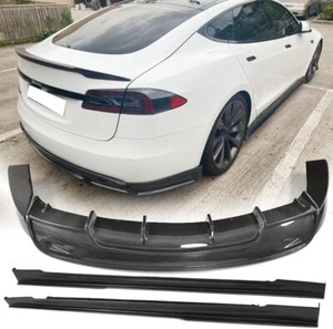 For Tesla Model S Sedan 2012-18 REAL CARBON Side Skirt Lip Rear Bumper Diffuser - Picture 1 of 15