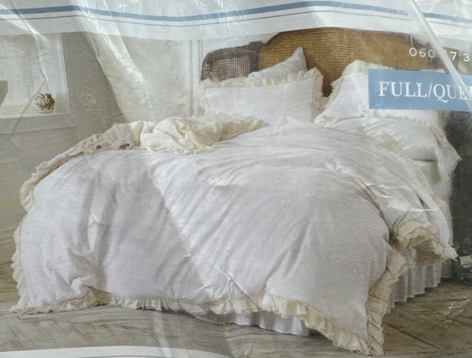 Simply Shabby Chic Linen Blend Raw Edge Ruffle Duvet Shams Full Queen Off White - Image 1 of 4