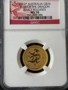 AUSTRALIA 2012 DRAGON $25 1/4 OZ GOLD NGC MS70 EARLY RELEASES - Picture 1 of 2