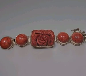 Vintage Rot/Orange Schwammkoralle geschnitzte Blume 925 Silber Armband. Größe 7-9 - Bild 1 von 10