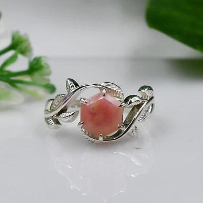 Anillo de ópalo rosa natural anillo de hoja de plata de ley 925, anillo llamativo anillo de mujer Foto 1 de 4