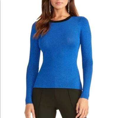 Rachel Roy Women's Metallic Ringer Pullover Sweater Blaze Blue Black  Small NWT - Image 1 of 2