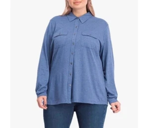 Karen Scott Womens Plus 1X Heather Indigo Button Front Collared Top NWT CC77 - Picture 1 of 5