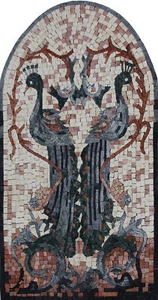 Two Peacocks Long Tail Arched Marble Mosaic - Picture 1 of 1