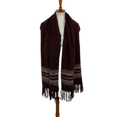 Simply Noelle Maroon Knit Fringe Scarf Striped Soft Cozy Acrylic Winter Wrap - Image 1 of 4